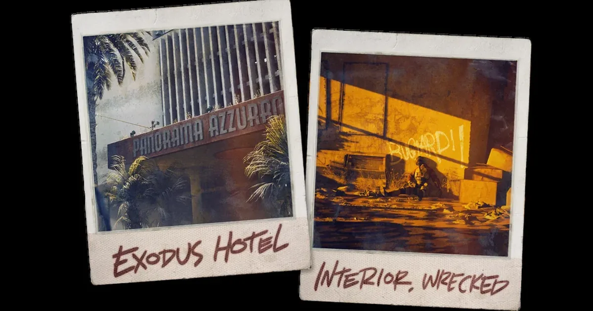 ARC Raiders Riven Tides coastal map view showing the Panorama Azzurro hotel ruins above flooded docks at dusk