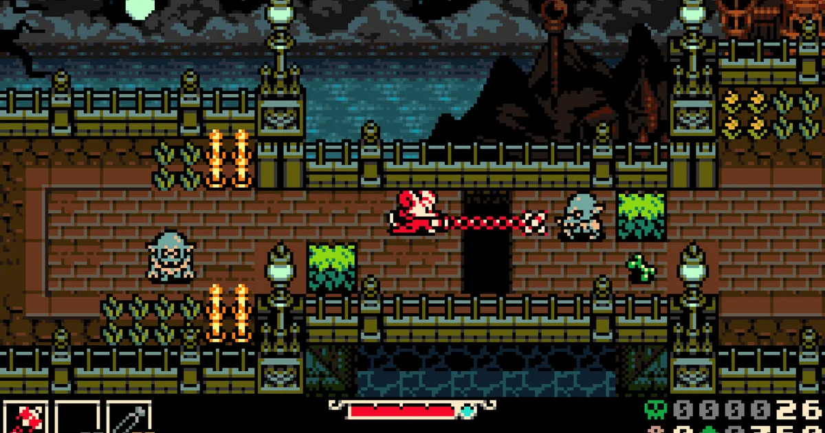 Mina the Hollower protagonist mid-whip attack against gothic enemies in a pixel-art underground environment