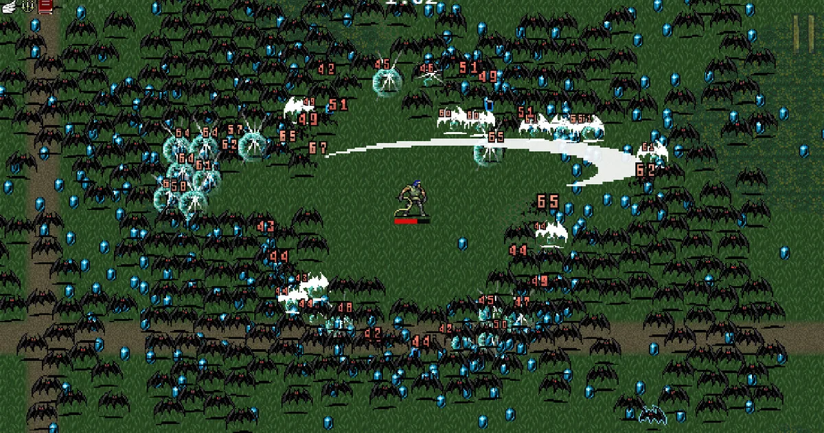 Vampire Survivors gameplay screenshot with dense bullet patterns and the player character surrounded by enemies and pickups