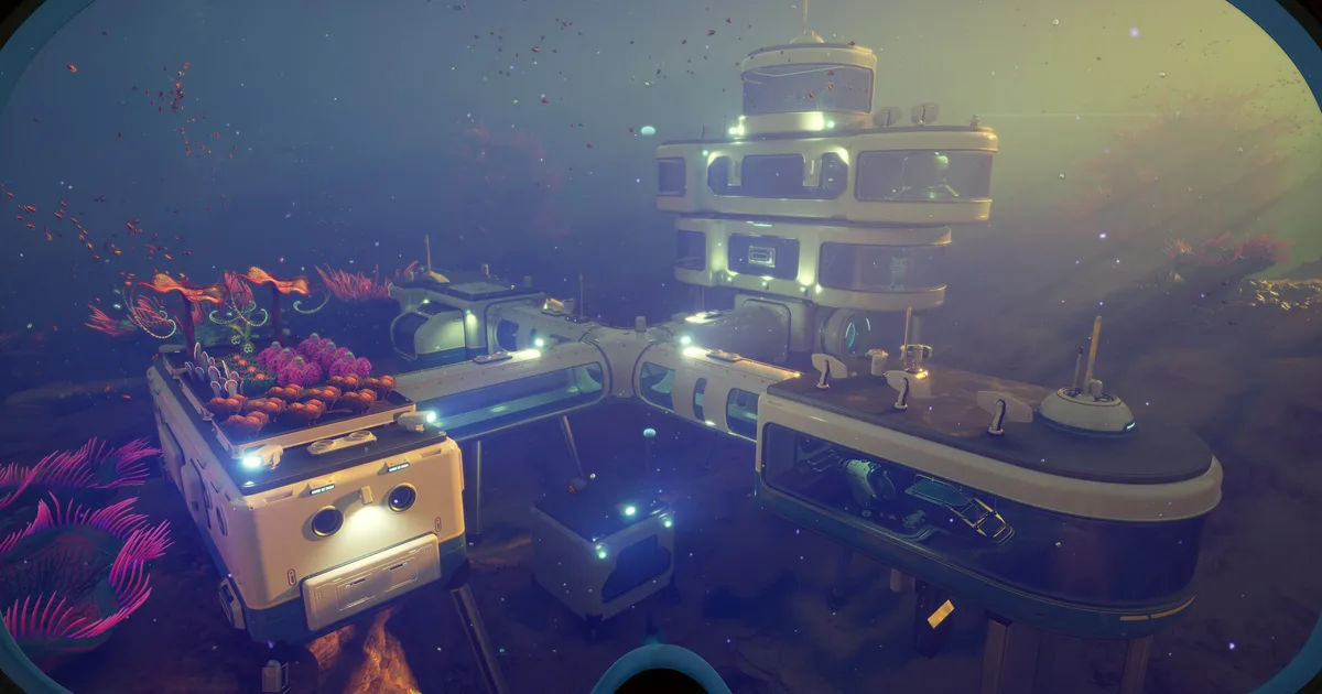 Subnautica 2 underwater habitat base with alien fauna in the background